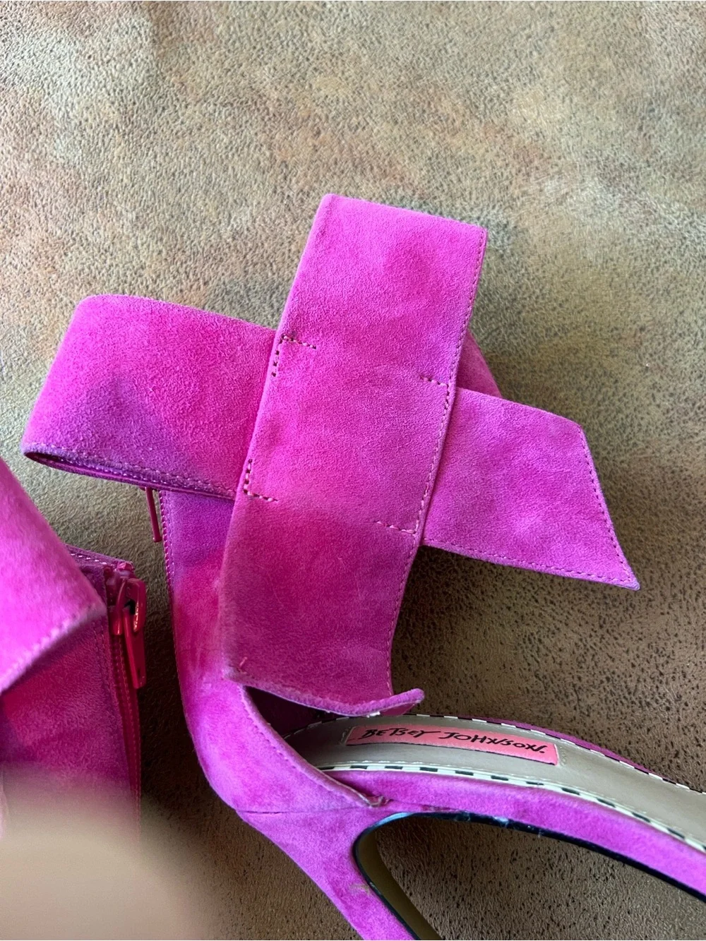 Betsey Johnson Hot Pink Suede Bow Ankle-Strap Heels. Size 7